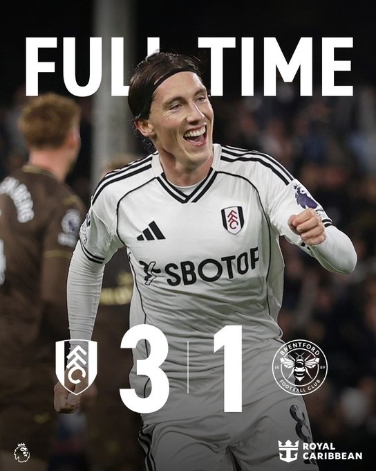 英超富勒姆3-1布倫特福德，伊沃比傳射、哈里-威爾遜破門